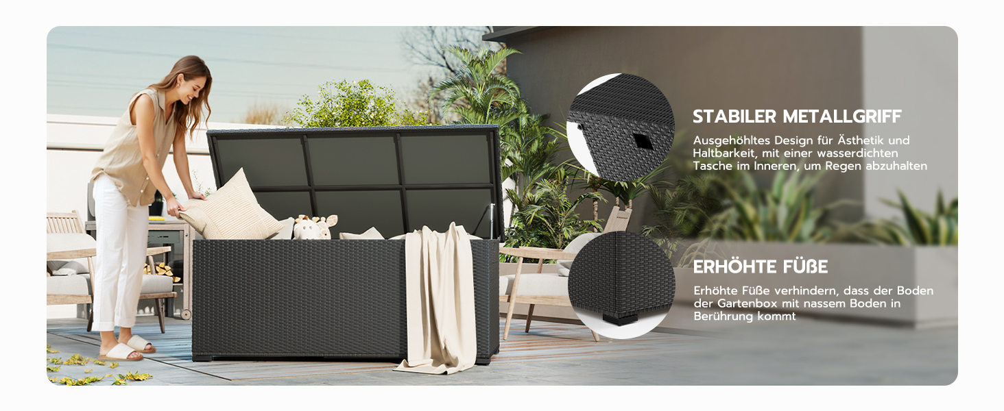 Скриня для подушок садових Polyrattan Amopatio 650л, водонепроникна, з газліфтом, чорна. Ящик для зберігання речей на вулиці для саду, балкону