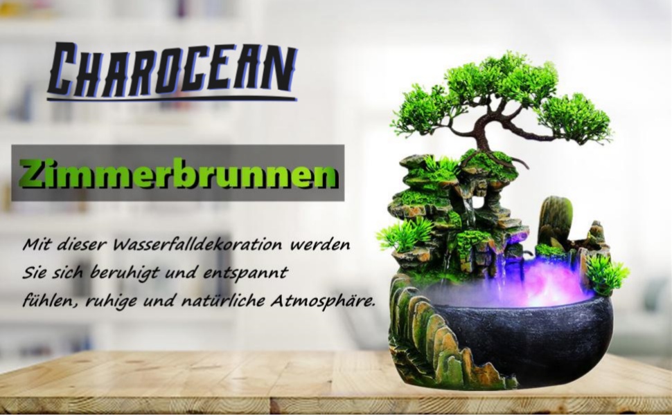 Декоративний настільний фонтан Charocean з LED підсвіткою та ефектом туману, для дому та офісу, з можливістю розміщення рослин