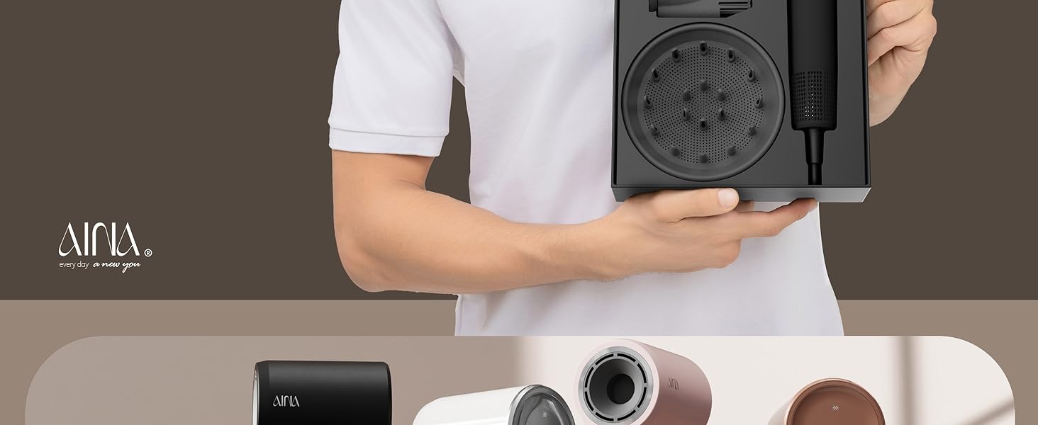 Високошвидкісний іонний фен для волосся AINA з безщітковим двигуном 160 000 об/хв, набір з дифузором, гребінцем та соплом, чорний (3A)