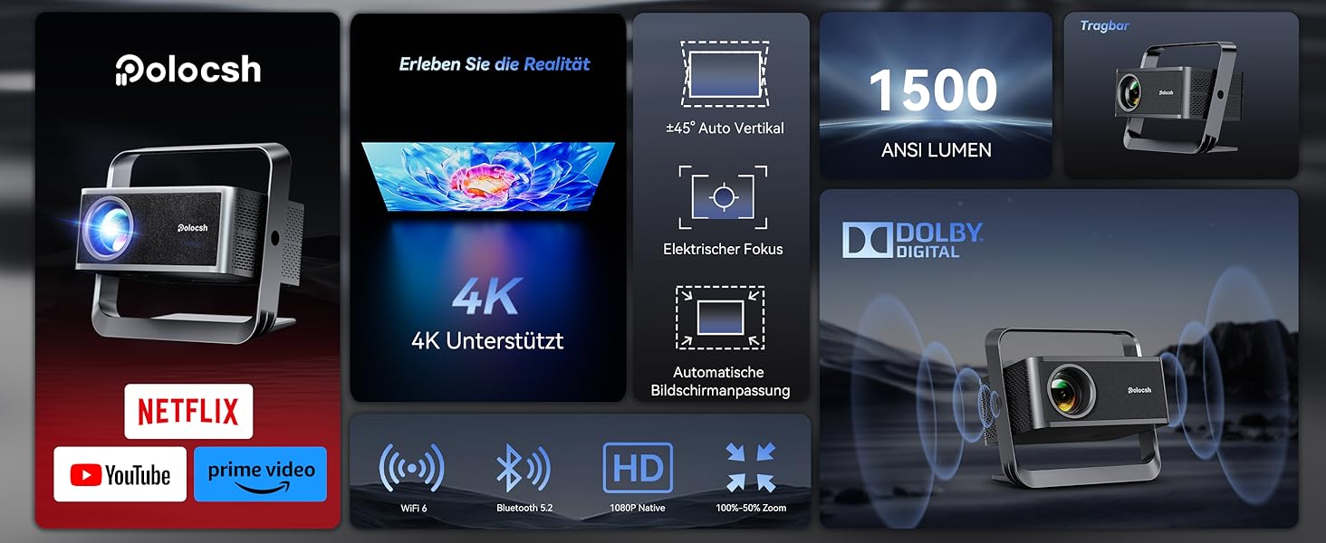 Проектор Beamer 4K з підтримкою 1500 ANSI, 1080P FHD, Smart, автоматичною корекцією трапеції, електричним фокусом, WiFi 6, Bluetooth для домашнього кінотеатру та на відкритому повітрі (сталево-сірий)