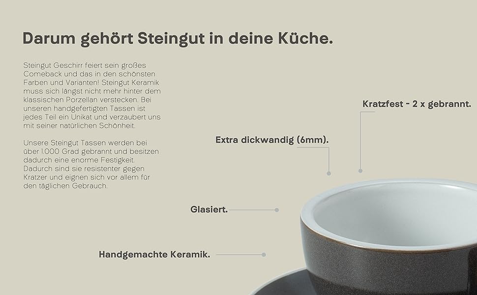 HOMEBERLIN® Barista Pro: Набір кавових чашок капучіно 200мл - Преміум набір з якісного фарфору. 4 сучасні чашки з підставками, ручної роботи, глазуроване сіре покриття