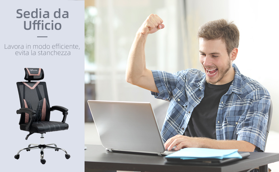 Крісло офісне Vinsetto Ergonomic з сітчастою спинкою, роліками, підтримкою попереку та шиї, регулюванням висоти та нахилу, 58x62.5x112-120см, Рожеве