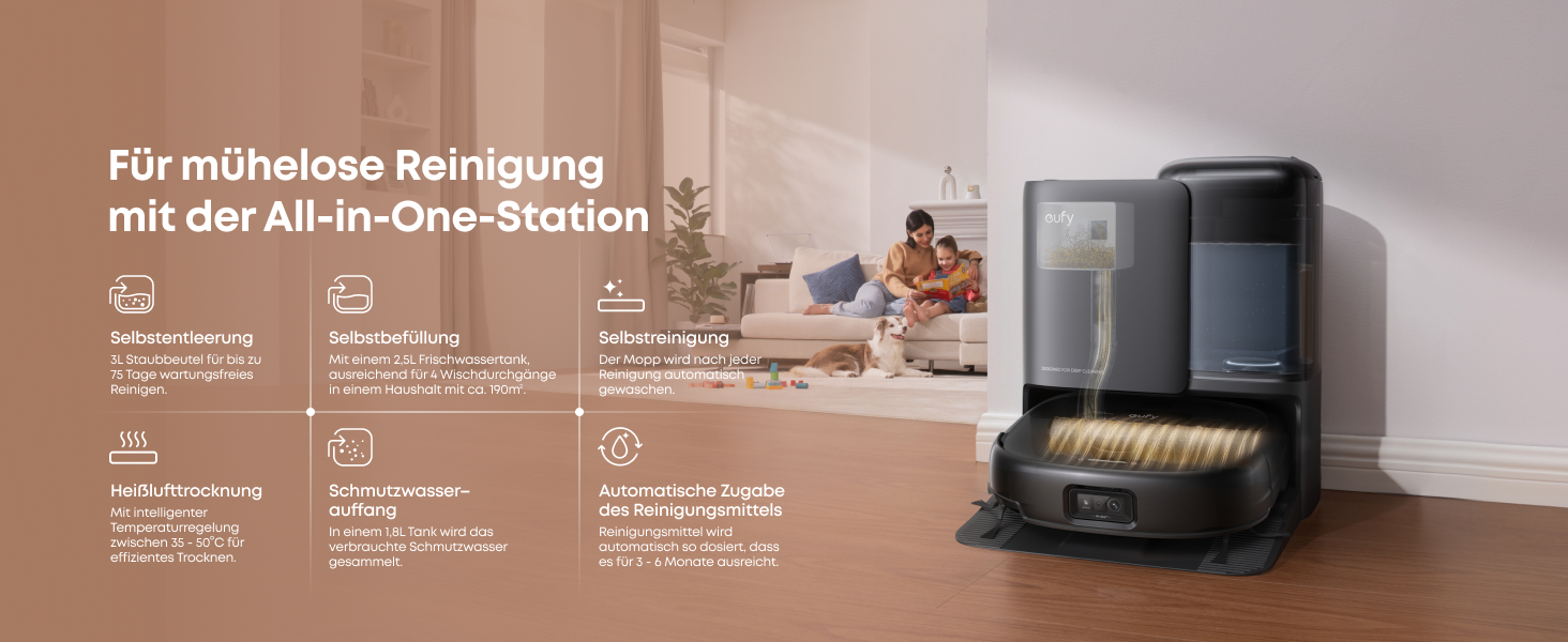 Робот-пилосос Eufy Omni E25 HydroJet з функцією миття, 20000Pa, Turbo-сила всмоктування, щітки DuroSpiral, CornerRover для кутів, станція All-in-One, для тварин та дітей