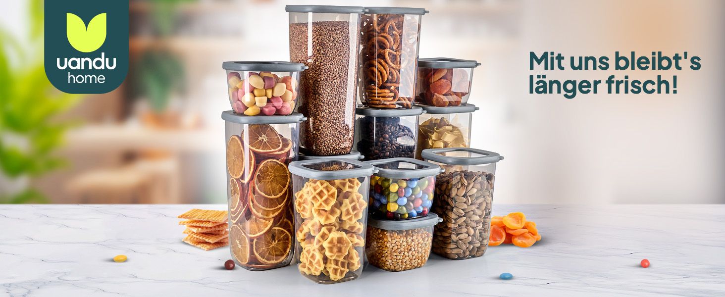 Набір контейнерів для зберігання Uandu 24 шт. з кришкою, герметичні | Контейнери для кухні, організація | Без BPA | Організатор для кухні | Для сухих продуктів, сірий мікс