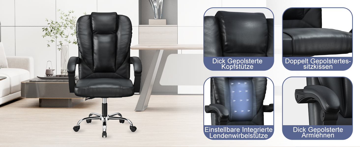 Офісний стіл Naspaulro Ergonomischer Bürostuhl з регульованою висотою та високою спинкою, м'яке сидіння, поворотний крісло з бавовняно-льняної тканини, коліщата, для роботи (чорний, шкіра)