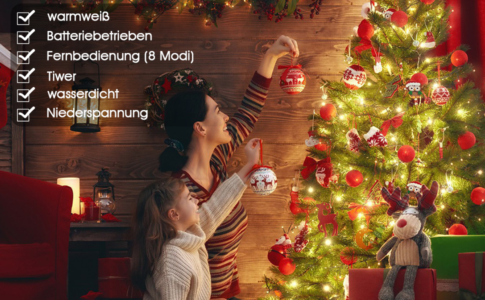 Ланцюжок прикрас з LED-лампочками, 100 LED, 10 м, 8 режимів, пульт дистанційного керування, таймер, теплий білий, диммування, акумуляторний, водонепроникний, для святкування Різдва
