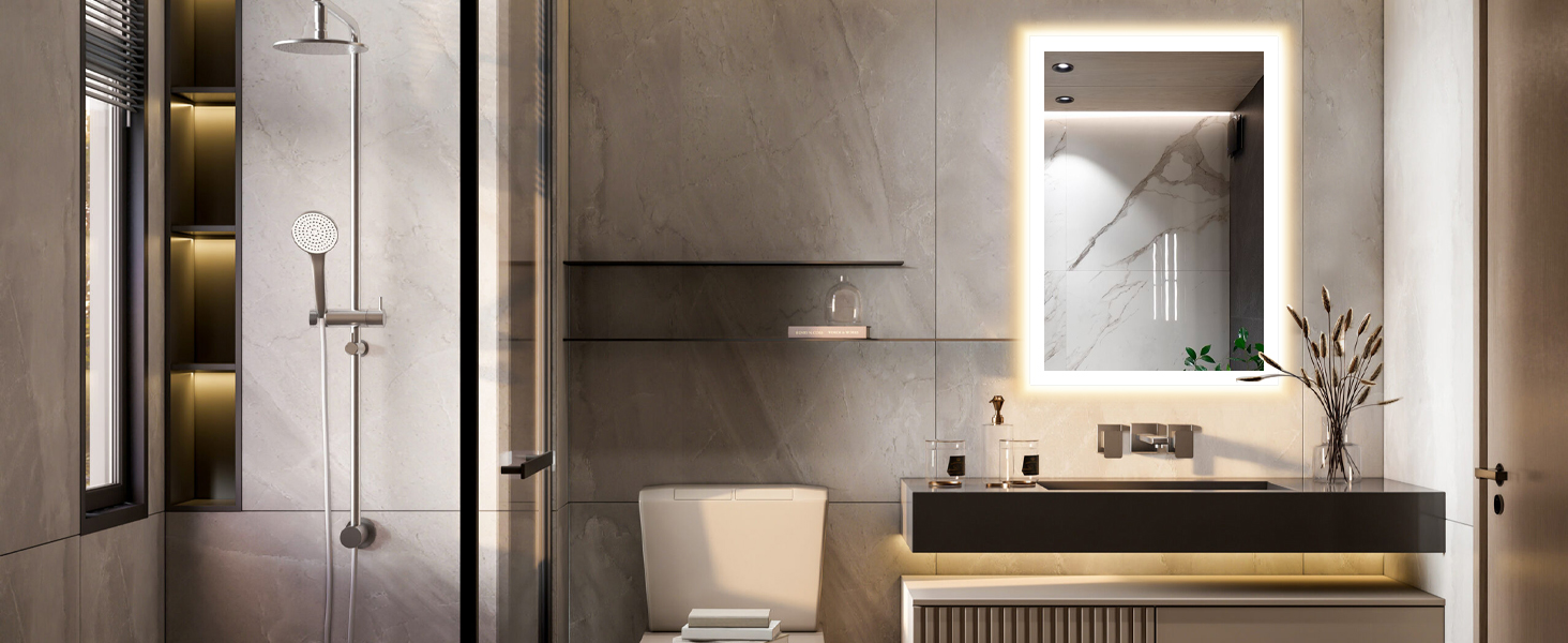 Дзеркало для ванної кімнати GIMBELEN з підсвічуванням LED, антизапар, 2 кольори світла (3000K/6500K), функція пам'яті, прямокутна форма, 50 x 70 см