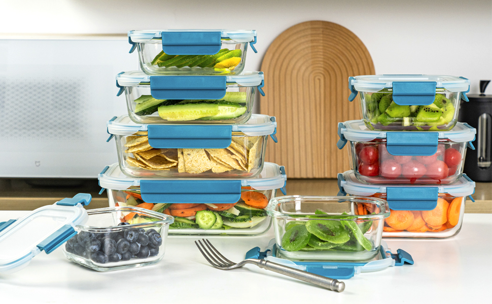 Набір контейнерів для зберігання продуктів Glas, 18 частин (9 контейнерів, 9 кришок), BPA-free, безпечні для миття в посудомийній машині, мікрохвильовій печі та морозильній камері, виготовлені з скла, блакитні