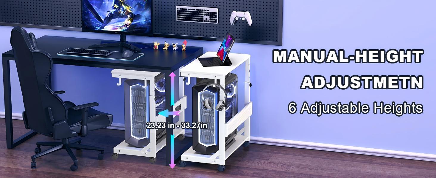 Регульована підставка для комп'ютерного блоку з 2 полицями та місцем для зберігання - для корпусів ATX, принтерів, з фіксуючими колесами (білий, 64 x 64 x 59-84,5 см)