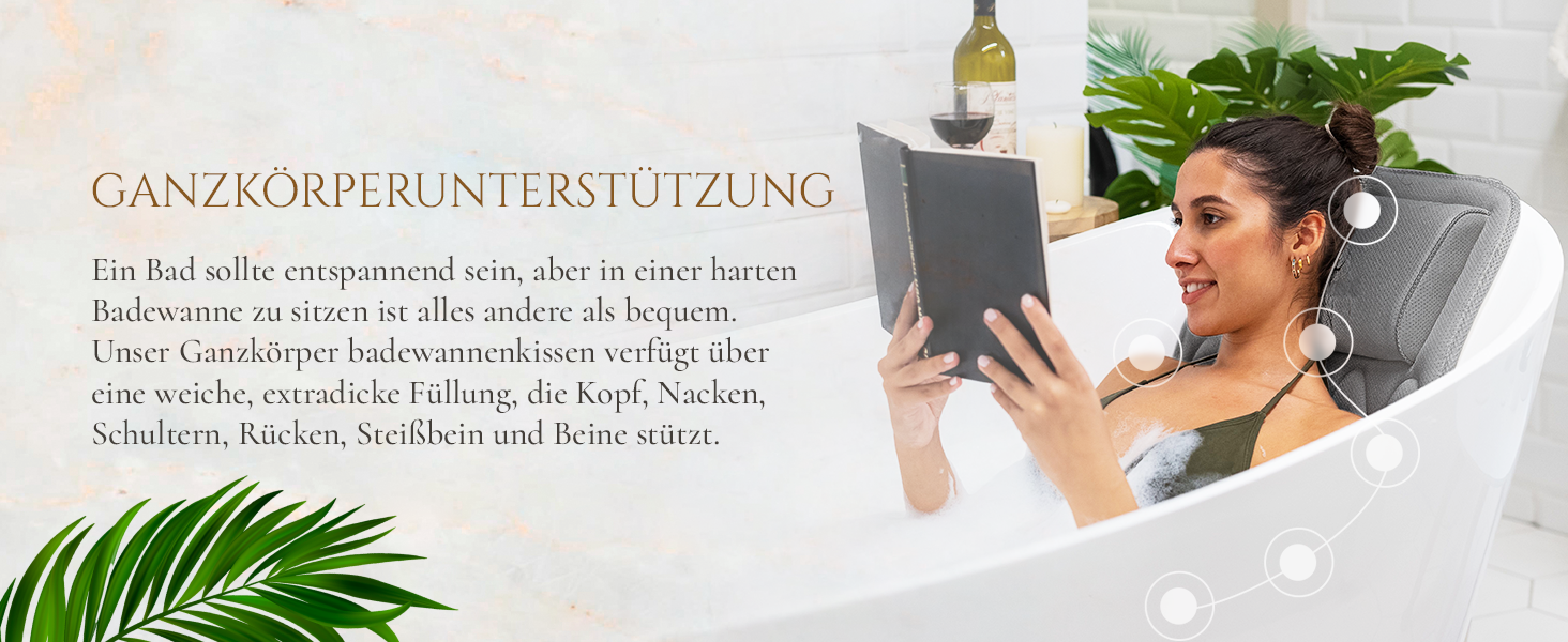 Подушка для ванни для всього тіла 125x43см - Подушка для ванни з підголовником для підтримки шиї, спини та ніг - З мішком для прання та подорожей та гачком для швидкого сушіння - Сіра
