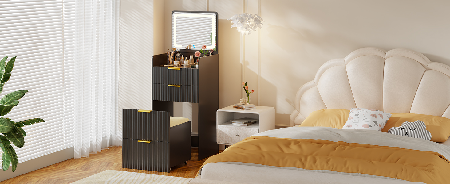 Трюмо Lvifur з LED-дзеркалом та 3 шухлядами, кутовий, для спальні, квартири, гуртожитку, білий (чорний)