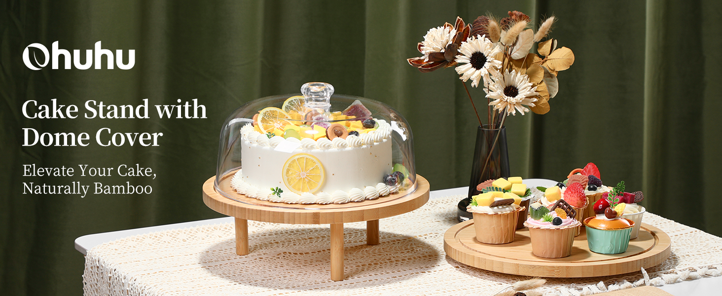 Підставка для тортів Ohuhu з бамбука 2-в-1 з кришкою, обертова тальянка з 3 знімними ніжками та акриловою кришкою для випічки, декору та святкування, чудовий подарунок для жінок