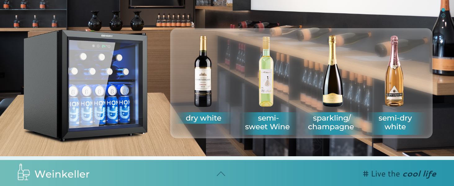 Міні-холодильник EUHOMY для напоїв на 55 банок з скляною дверцятами, чорного кольору, 36 л, для офісу, кімнати, бару, з LED-підсвіткою, 43 дБ