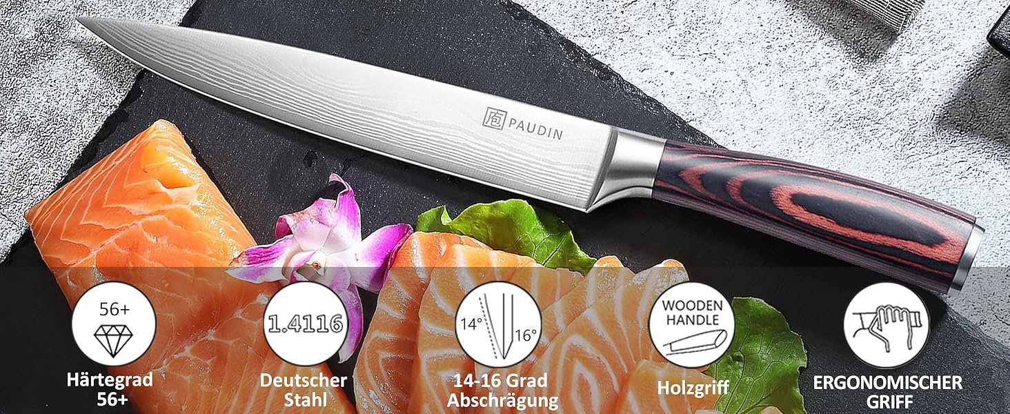 Ніж PAUDIN для м'яса, кухаря та нарізки, 20 см - високоякісний кухонний ніж з нержавіючої сталі з ергономічною ручкою