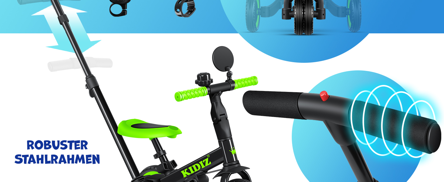 Біговел-триколіс KIDIZ 6-в-1 для дітей від 1 до 5 років (до 25 кг), чорний: з ручкою, захисним бампером, ременем безпеки, дзвінком та дзеркалом