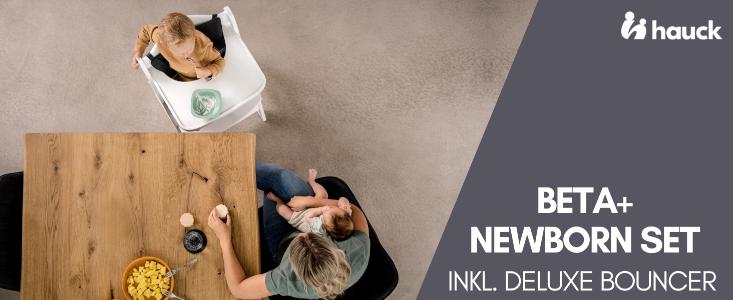 Дитячий високий стільчик Hauck Beta+ Newborn Set Deluxe - комплект з підставкою для новонароджених, м'яким сидінням та підносом для годування, білий (темно-сірий)