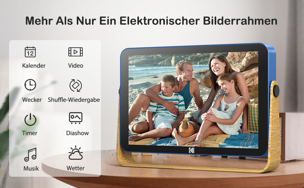 Цифровий фоторамка Kodak з акумулятором, Wi-Fi, 10 дюймів, 32 ГБ, сенсорний HD IPS екран, фото/відео/музика, Bluetooth, керування через додаток, блакитний
