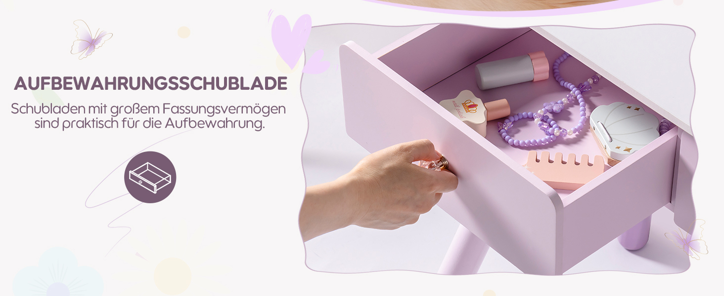 Дитячий туалетний столик ROBUD з дзеркалом, пуфом, шухлядами та аксесуарами (ігровий набір)