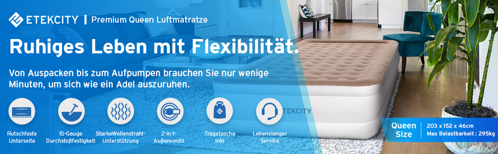 Надувне ліжко Etekcity EAM-ET2/EAM-DQE1: односпальне, для кемпінгу, 203x152x46 см, біле/коричневе