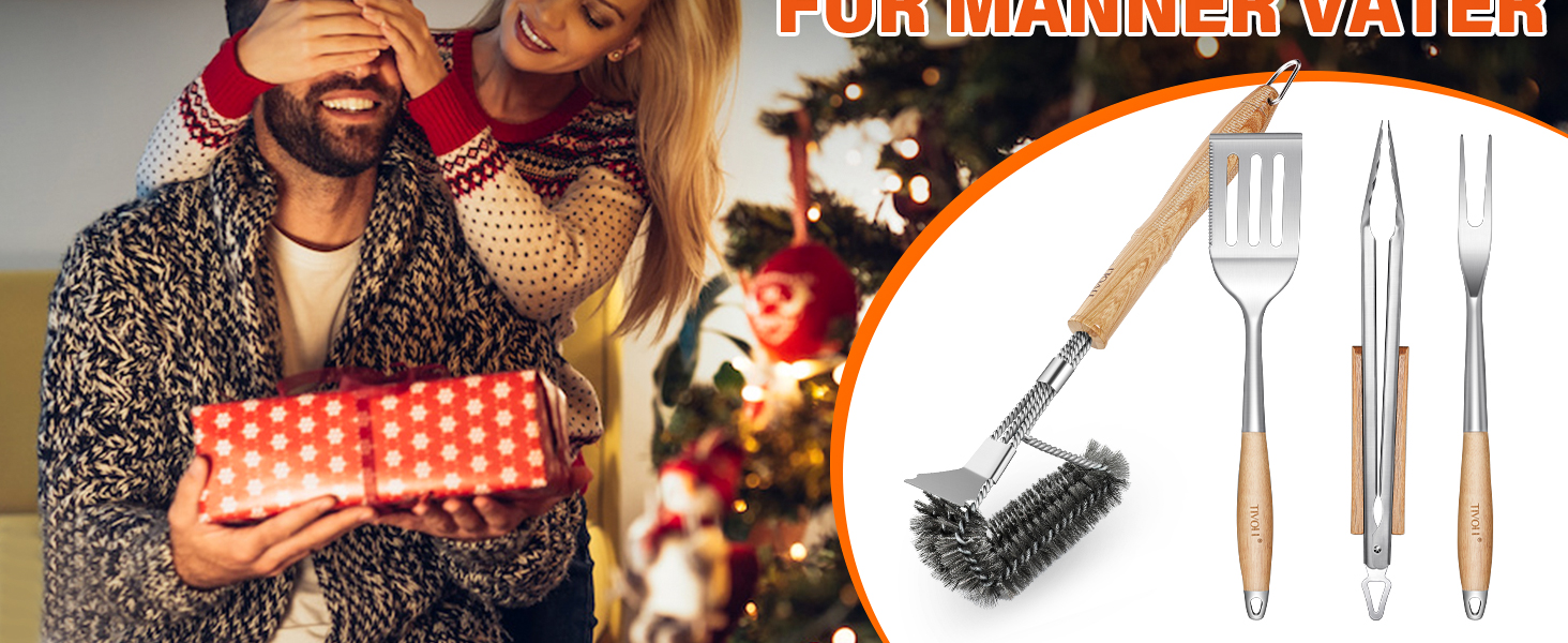 Набір гриля TIVOLI 4-частини з нержавіючої сталі з дерев'яними ручками: щипці, лопатка, щітка, виделка. Ідеальний подарунок для гриля та барбекю.