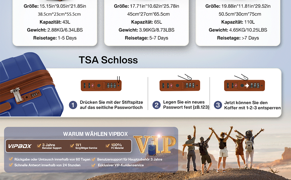 Набір дорожніх валіз Hartschale з полікарбонату (3 шт), розширюваний тролей з колесами та TSA замком, класичний синій