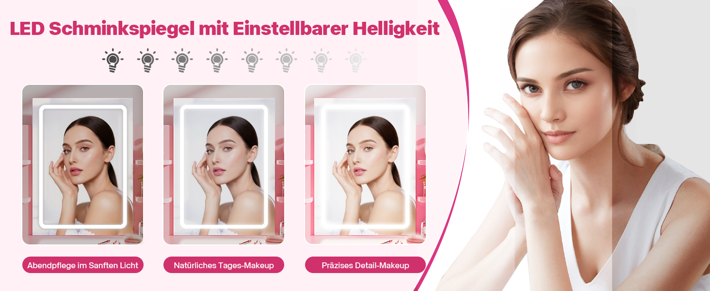 Трюмо Airfish з підсвічуванням 108x40 см: туалетний столик з дзеркалом, полицями, 2 шухлядами, регульоване освітлення, для спальні/вітальні (білий/рожевий)