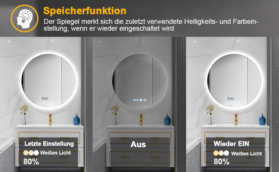 Дзеркало для ванної кімнати Sararoom з підсвічуванням, кругле LED дзеркало 600 мм, з підсвічуванням, 3 кольори світла, регулювання яскравості, запобігання запотіванню, кругле скло, функція пам'яті, 600 x 600 мм