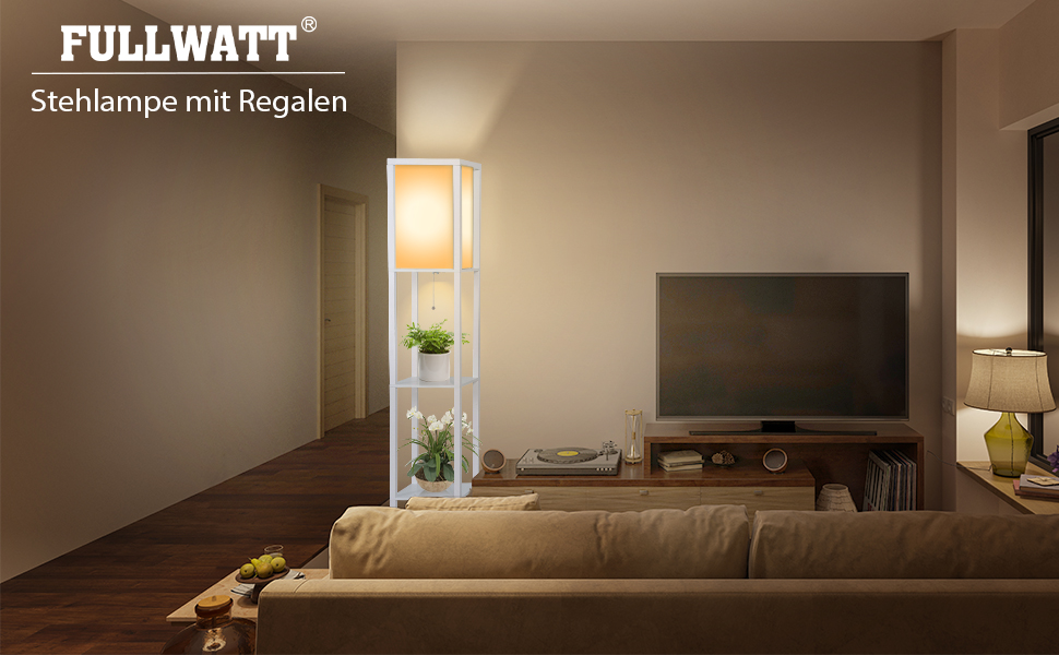 Торшер Fullwatt з дерев'яною полицею та внутрішньою підсвіткою для спальні та вітальні (білий, з лампочкою)