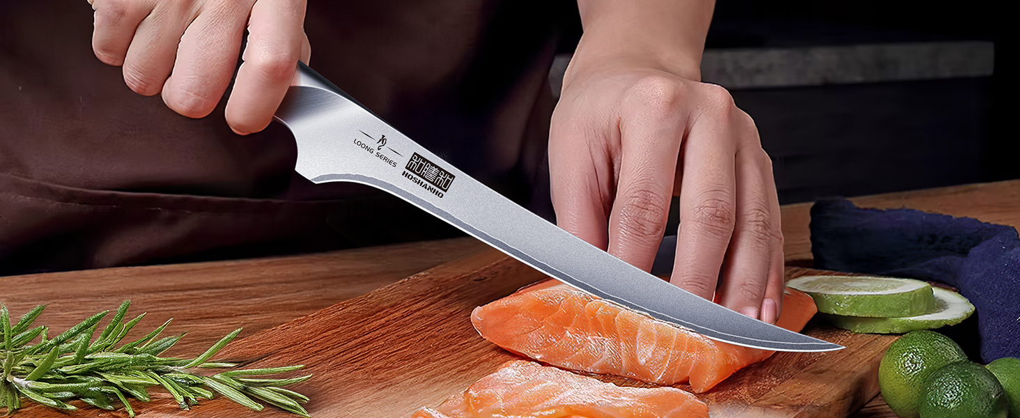 Набір кухонних ножів HOSHANHO 7 предметів: професійний японський набір з нержавіючої сталі з високим вмістом вуглецю, гострі ножі з ергономічними ручками з паккавуда (9-дюймовий ніж для філе)