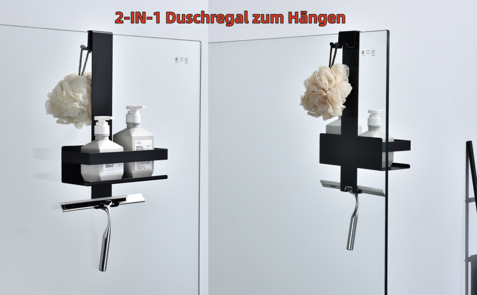 Настінна полиця для душу з нержавіючої сталі SUS304, 2 яруси, з гачками для скляних душових кабін, K07-23MB-2GL