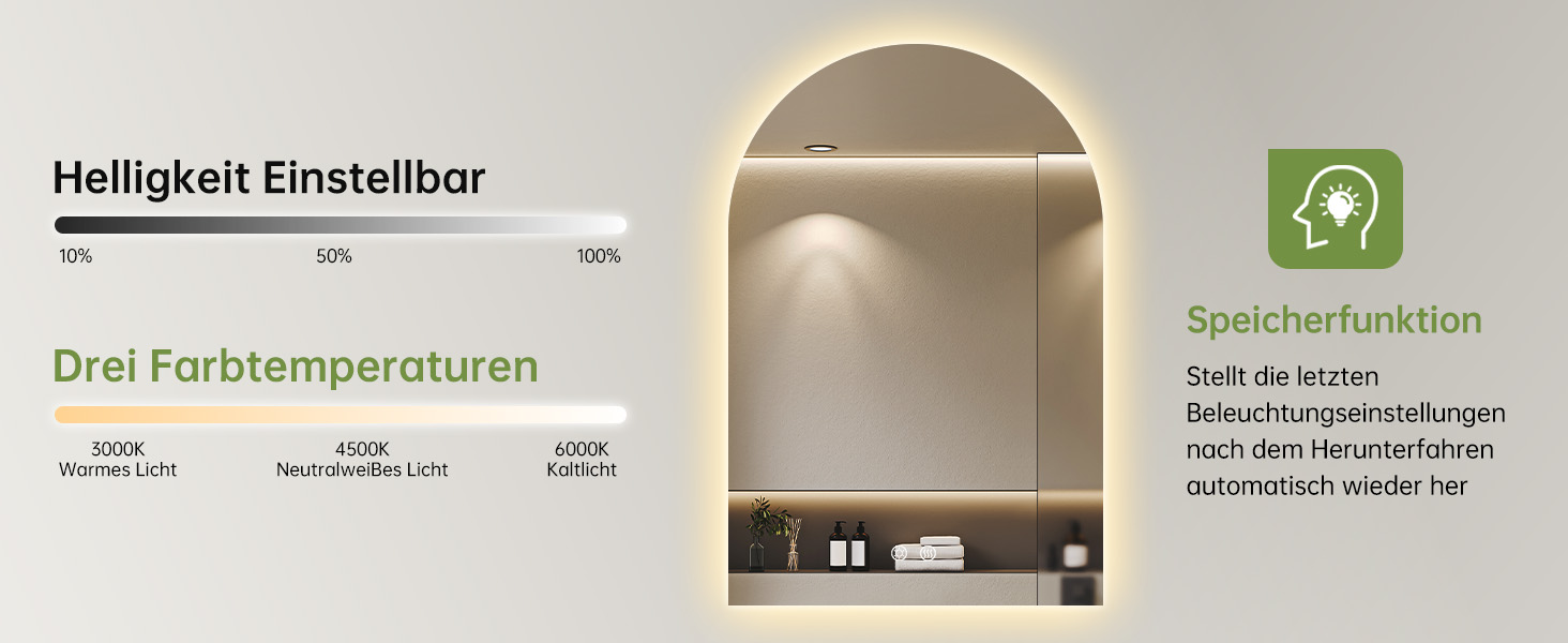 Дзеркало для ванної кімнати OUMUSU з підсвічуванням, 50x75 см, без рами, арочне, антизапотівальне, сенсорне керування, диммування, 3 кольори світла