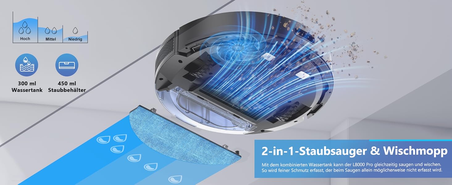 Робот-пилосос з функцією миття Tikom L8000 Pro, 6000Pa, LiDAR, 150 хв, APP, 14 зон, для тварин, килимів та твердих підлог, чорний