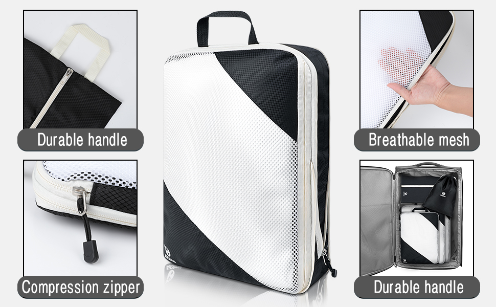 Набір компресійних органайзерів для одягу AiQInu, 5 шт, дорожні сумки-пакувальники з мішком для взуття та білизни, ультралегкі розширювані органайзери для валізи та ручної поклажі (Чорний)