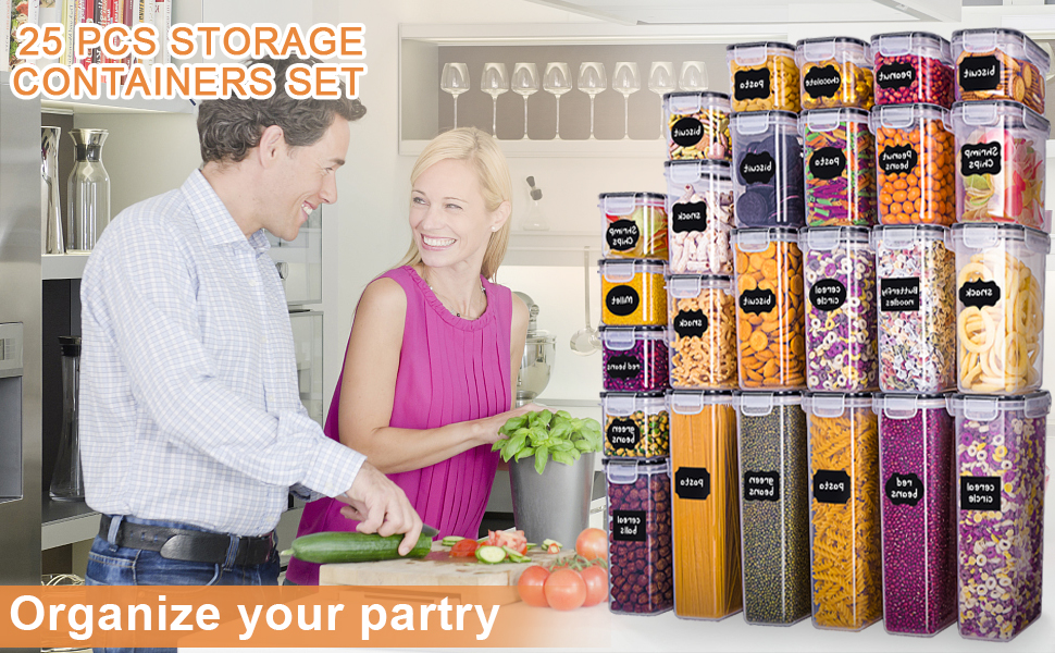 Набір контейнерів для зберігання Heucheey 25 шт. - Органайзер для кухні, контейнери для продуктів з кришкою, ємності для зберігання, мірна ложка, маркер, наклейки, щітка-губка
