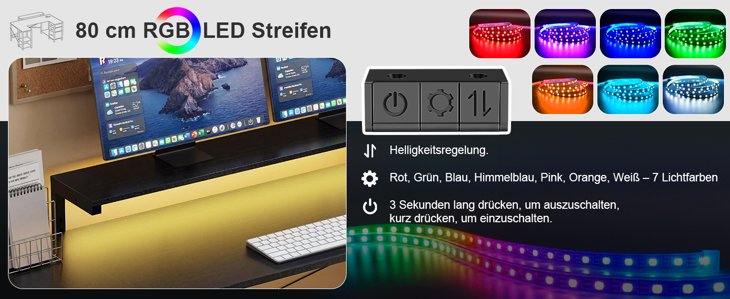 Ігровий стіл Devoko кутовий з LED, 3 шухляди, 170x95x75 см, регульована полиця, 2 розетки USB (Чорний)