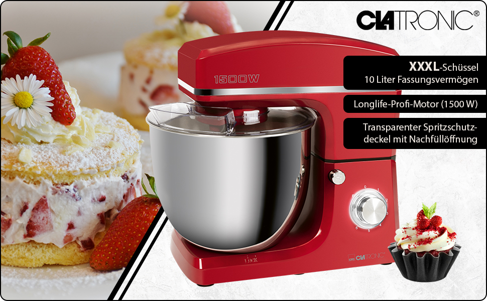 Кухонна машина Clatronic KM 3765 XXL: 10л, 1500W, міксер, гак для тіста, насадка для збивання, захист від розбризкування