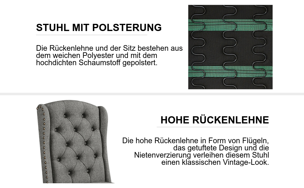 Набір кухонних стільців Yaheetech з крилатим спинком, оббитий стілець для їдальні, до 140 кг, сірий (2, світло-сірий)