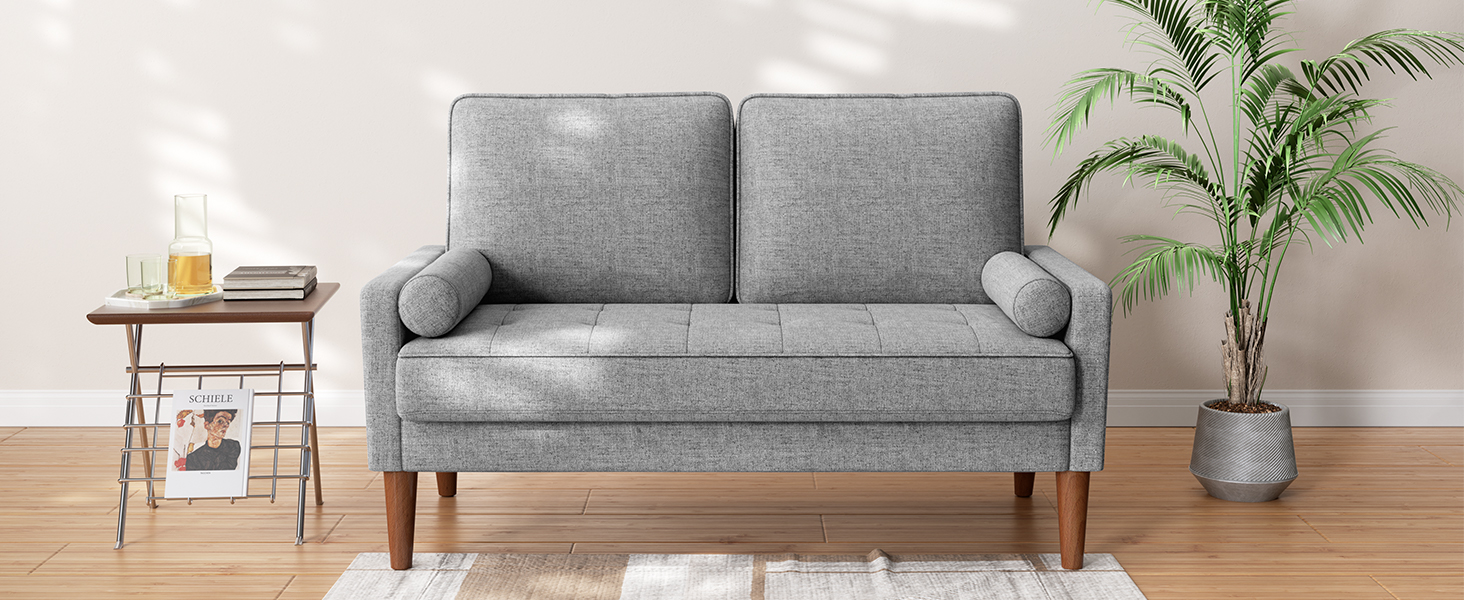 Диван Vesgantti 2-місний, 121 см, сучасний дизайн, 2 подушки, сірий льон для вітальні/квартири/офісу