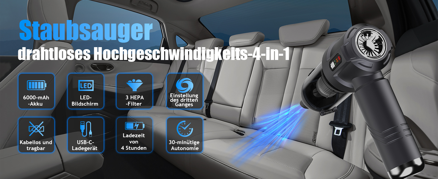 Акумуляторний ручний пилосос 4 в 1 для дому та авто, 25000Па, бездротовий портативний пилосос з автоматичним спорожненням контейнера, для шерсті тварин, сірий