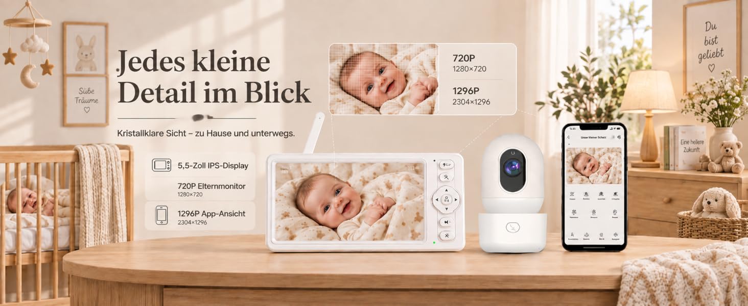 Відеоняня HelloBaby з WiFi та камерою: монітор з нічним баченням, датчиком руху, двостороннім аудіо та керуванням через додаток (5.5 дюймів, білий)