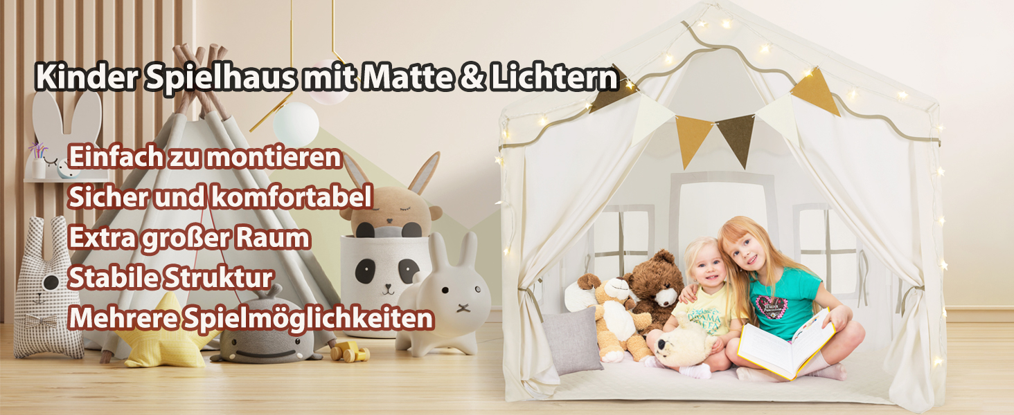 Дитячий намет MAMIZO для гри в приміщенні з килимком, прапорцями та світлом, 136x95x133 см. Ідеальний намет-ігровий будиночок для дітей, підходить для хлопчиків та дівчаток, кремового кольору.