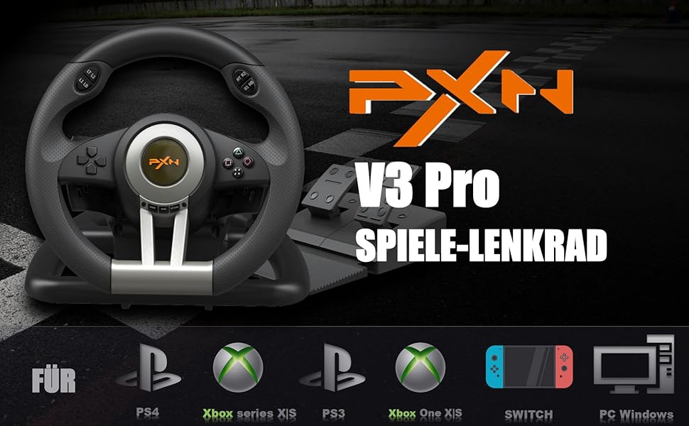 PXN V3 Pro Ігровий кермо з педалями для ПК, PS4, PS3, Xbox, Nintendo Switch. 180° поворот, вібрація, педалі, перемикачі швидкостей - Чорний