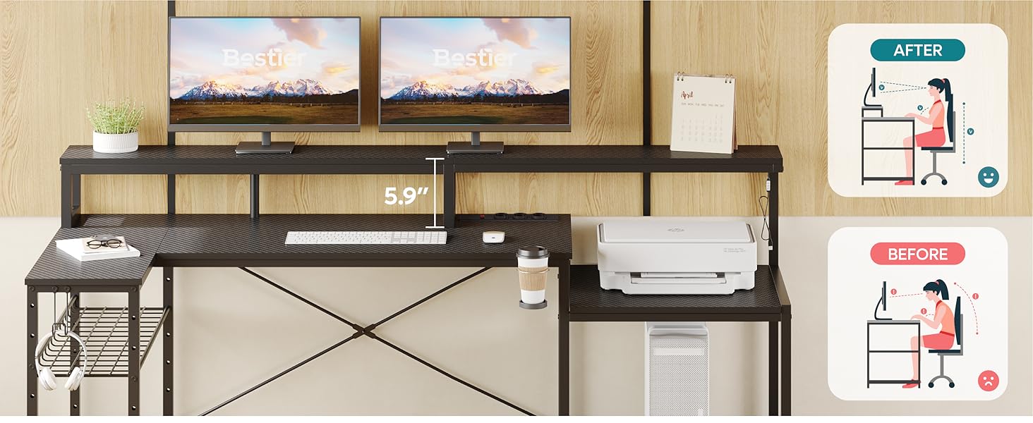 Ігровий стіл Bestier 181x80 см з LED-підсвіткою, 3 розетки AC та 2 USB, стіл для комп'ютера, чорний з карбоном