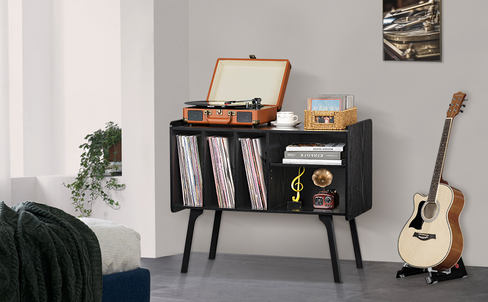 Сумка-органайзер для вінілових платівок LELELINKY: стійка з 4 полицями на 220 платівок, з міцних дерев'яних ніг, Mid-Century дизайн, чорний колір