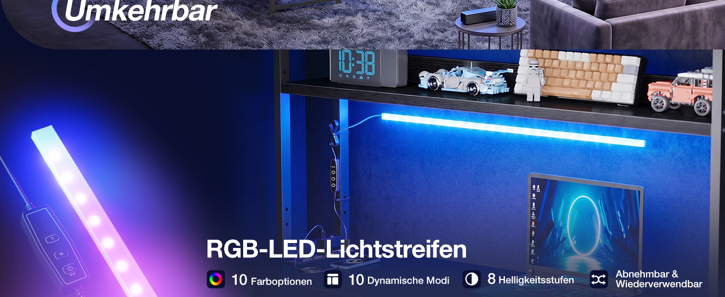 Ігровий кутовий стіл ODK Gaming з LED-підсвіткою, полицею-дисплеєм та розеткою, 135×100 см, чорний