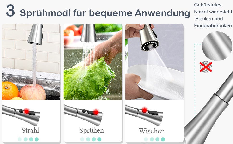 Висувний змішувач для кухні, 3 типи струменя води, поворотний на 360, кухонний змішувач високого тиску з розпилювальною головкою та сенсорним перемикачем, металевий змішувач для кухні з розпилювачем