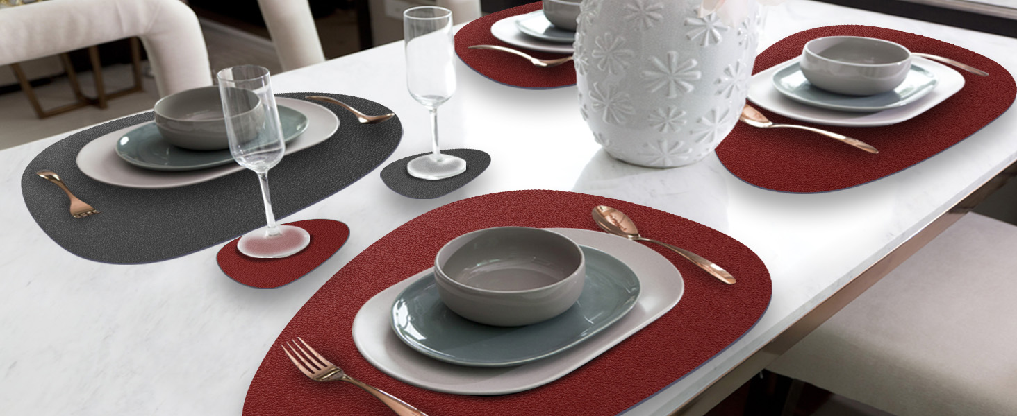 Набір з 6 підставників під тарілки, миючіся з підставками, двосторонні, з імітацією шкіри, водонепроникні, для обіднього столу, кухні, ресторану та дому (червоний)