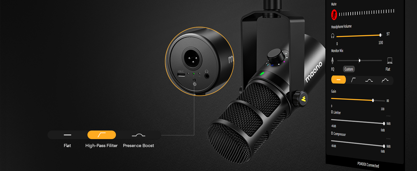 Динамічний мікрофон MAONO PD400X USB/XLR для подкастів, студії, стрімінгу, з регуляторами гучності, еквалайзером, функцією Tap-to-Mute та професійним софтом