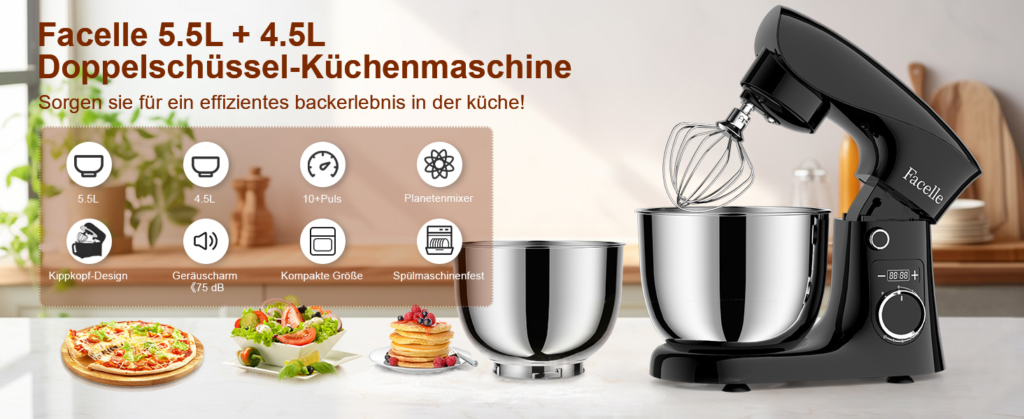 Кухонна машина Facelle 1500W з місткістю 5,5/4,5л: міксер, тістоміс, набір насадок, тиха робота (чорний)