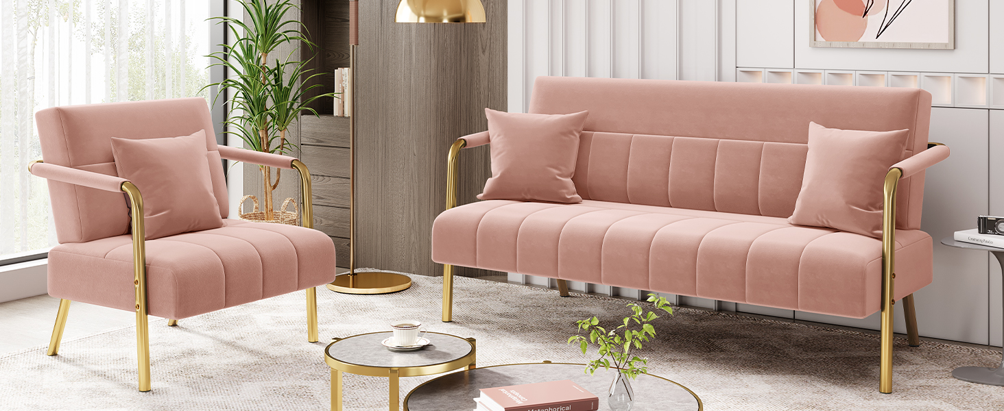 Yaheetech м'яке диван з підлокітниками та металевими ніжками, сучасний двомісний диван з 2 подушками для попереку, Loveseat для вітальні/спальні (75,5 см ширини, Рожевий)